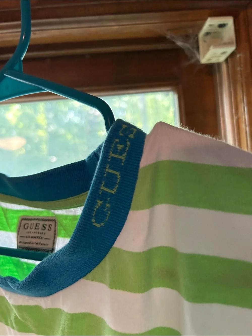 Vintage- GUESS Green and White Striped Tee with Blue Logo - Picture 4 of 6